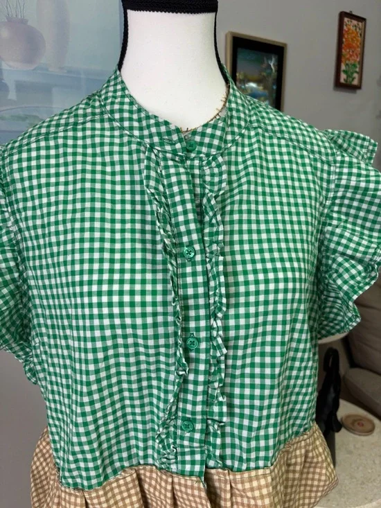 Chaps Green Gingham Ruffle Peplum Top with Tan Hem - Picture 2 of 6